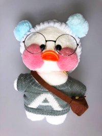 Плюшевая уточка кукла Лалафанфан Duck в очках, в одежде, с сумочкой, серая кофточка